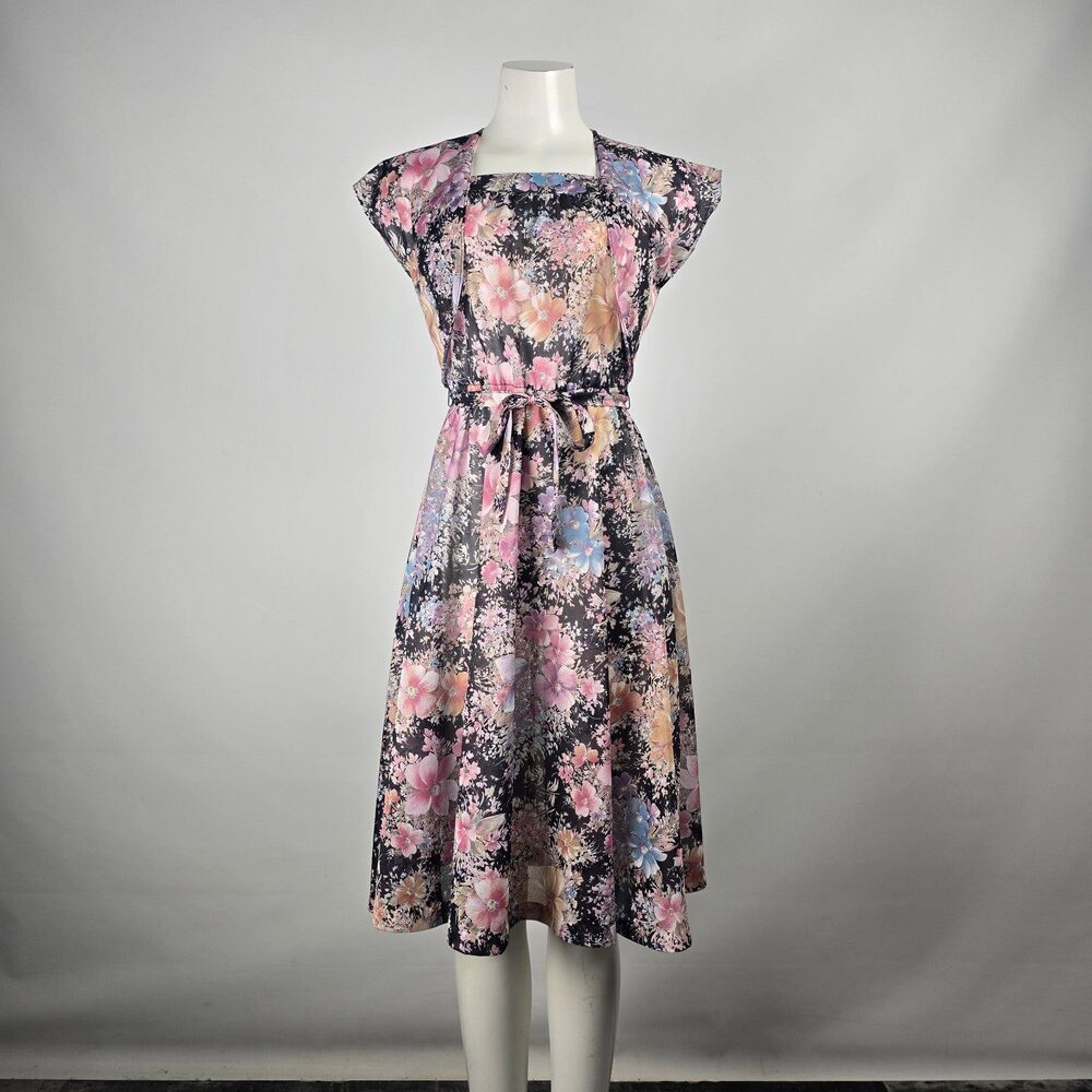Vintage Black Floral Fit & Flare Dress & Cardigan Size XS